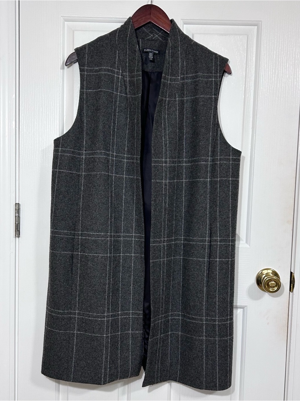 Eileen Fisher Large Wool Plaid Long Duster Vest Coat Charcoal Grey Pocket Career